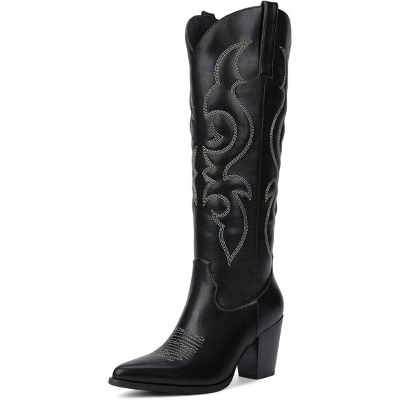Shoes - Women's Black Western Knee High Side Zipper Pointed Toe Block Heel Boots